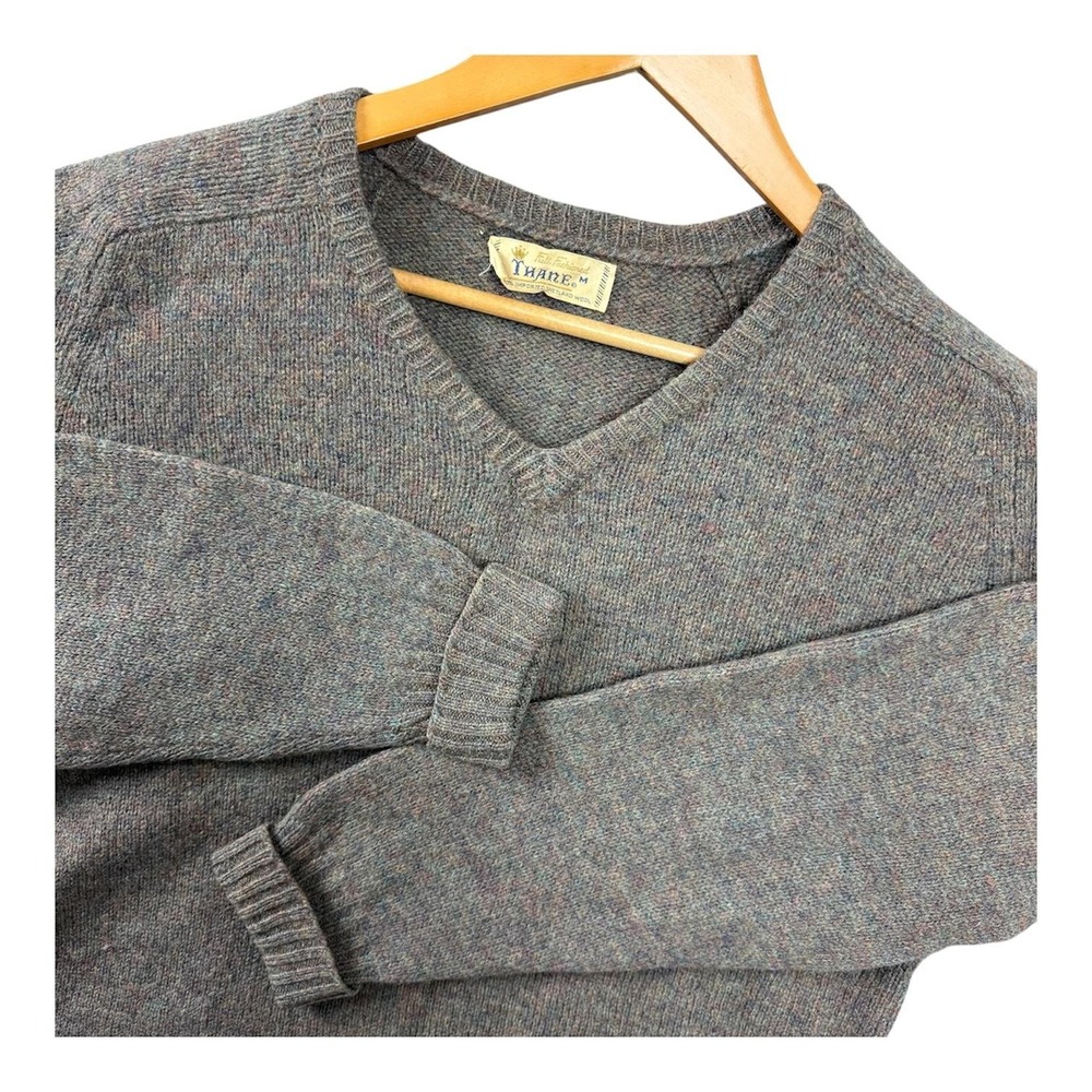 Vintage Thane Sweater Mens Medium Brown 100% Shetland Wool V Neck Knit 60s 70s